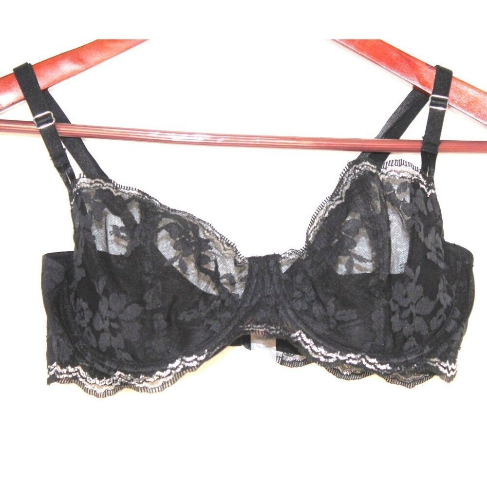 Victoria's Secret Bra 36D Dream Angles Black Silver Lace Sheer Push Up Underwire